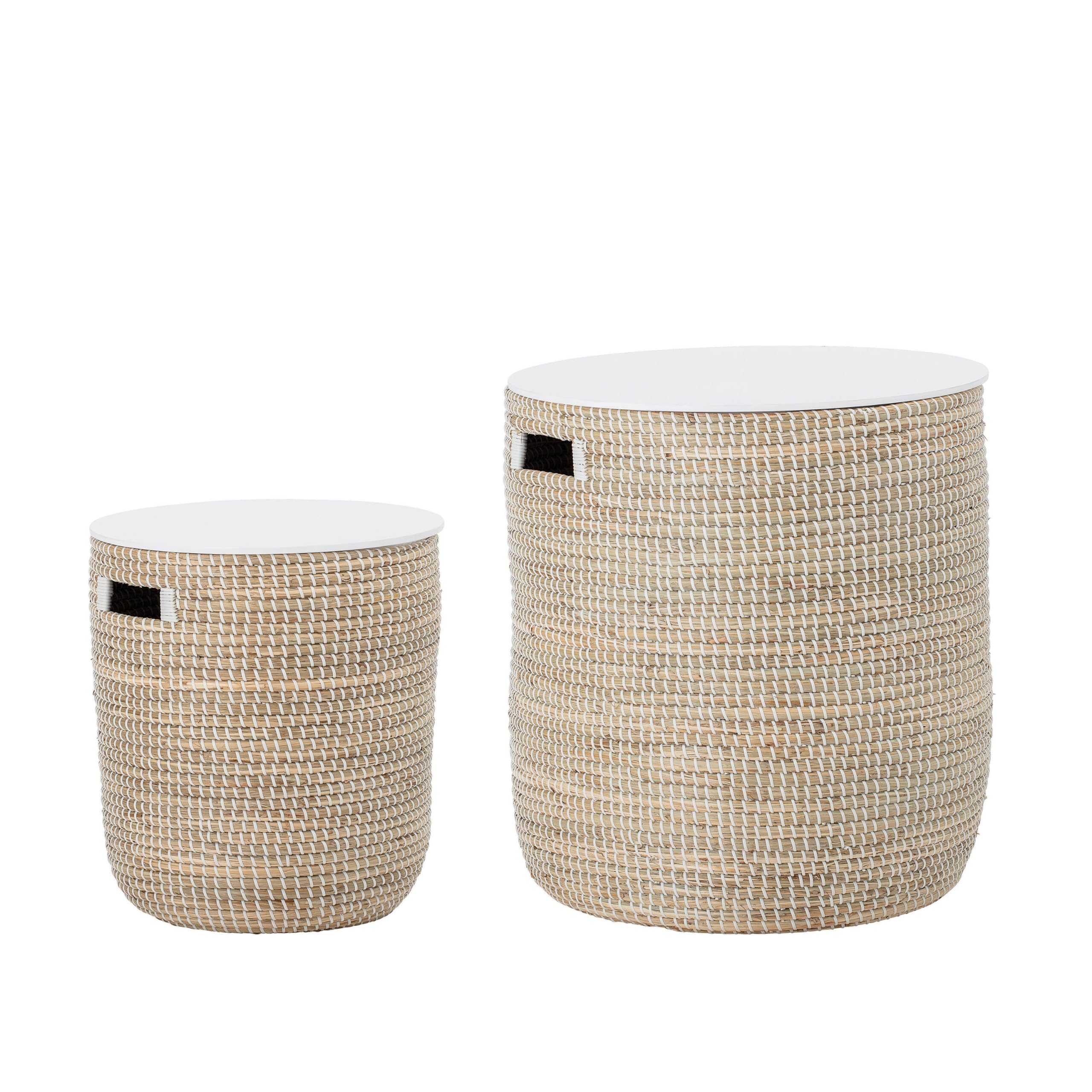 Bloomingville Beige Seagrass Tables with Storage & Wood Tops (Set of 2 Sizes) - Image 3