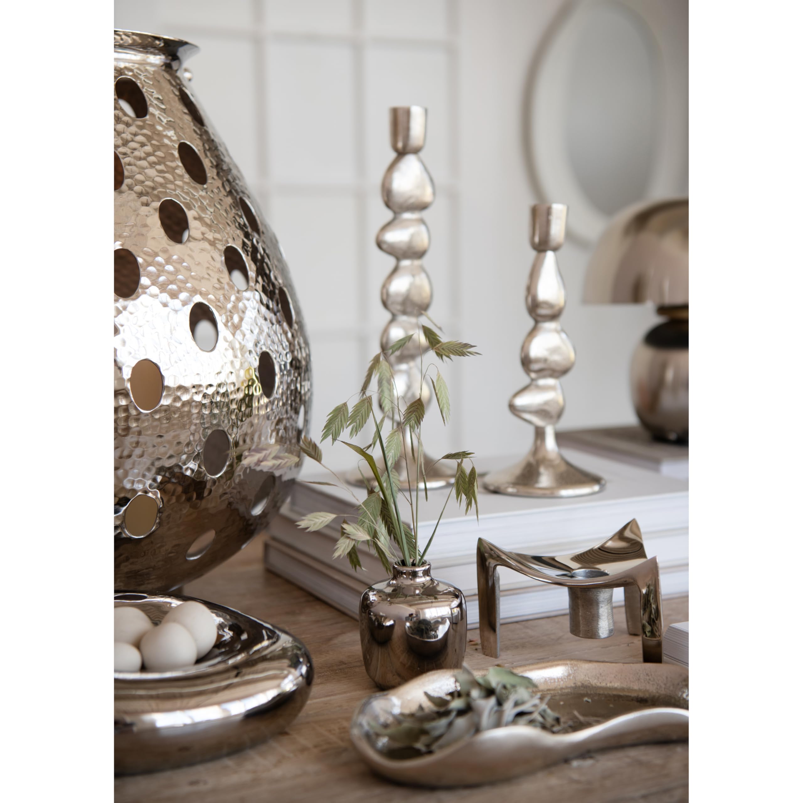 Bloomingville Round Metal Candleholder Lantern with Handle and Cut-Outs, Nickel Finish - Image 4