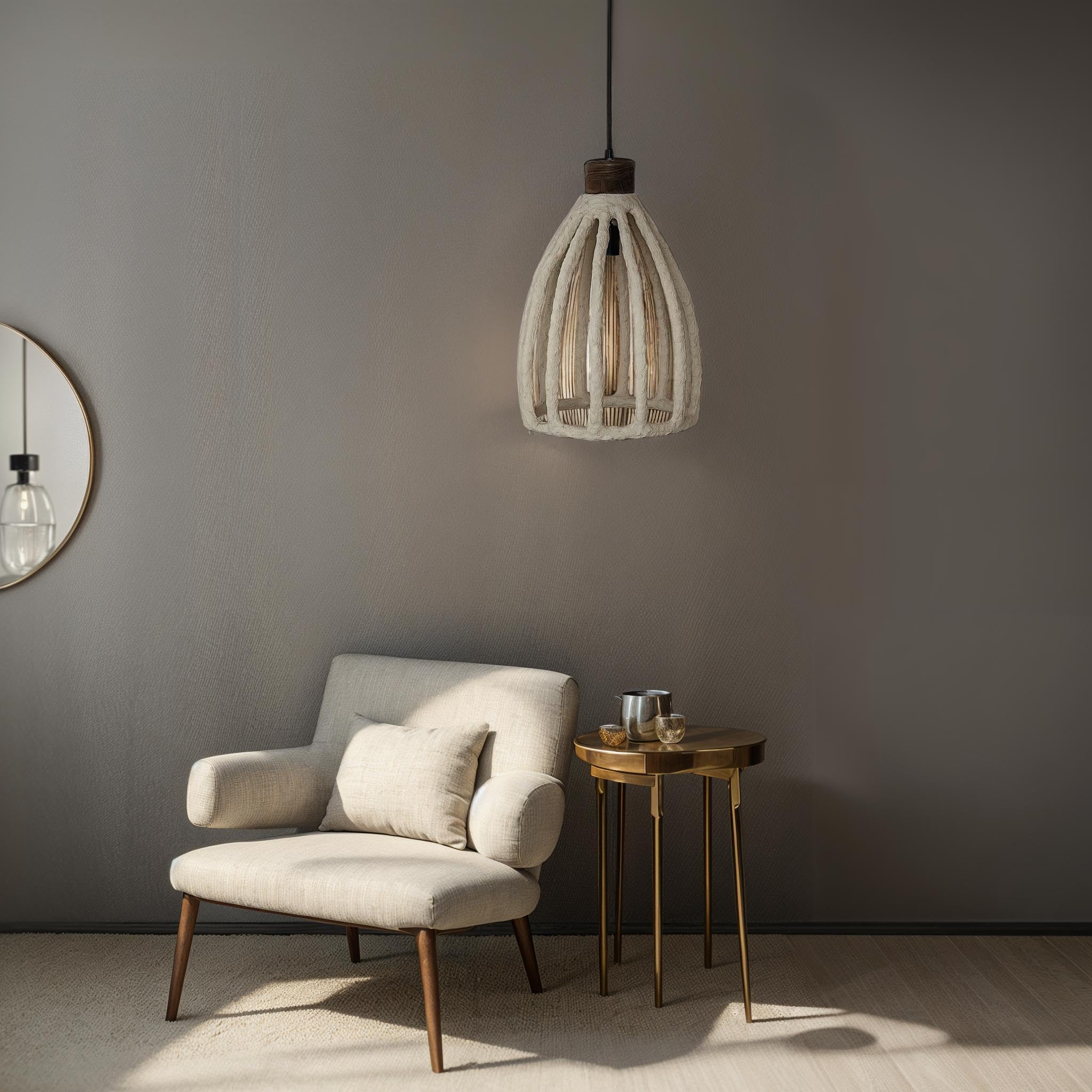 Bloomingville Handmade Paper Mache, Mango Wood and Metal Pendant Lamp, White - Image 4