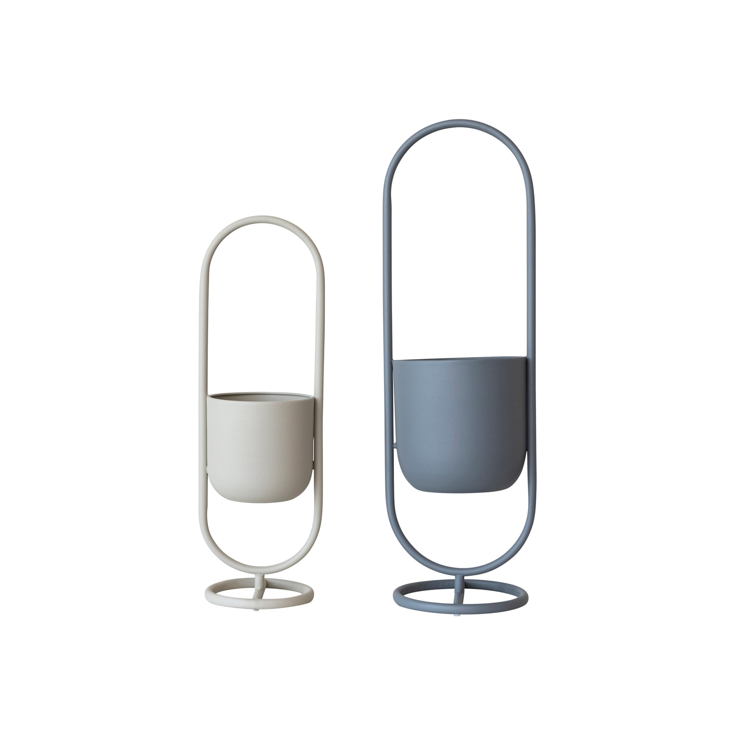 Bloomingville Metal Floor Planters Hanging on Stands, Matte Grey and Sand Color, Set of 2 - Image 4