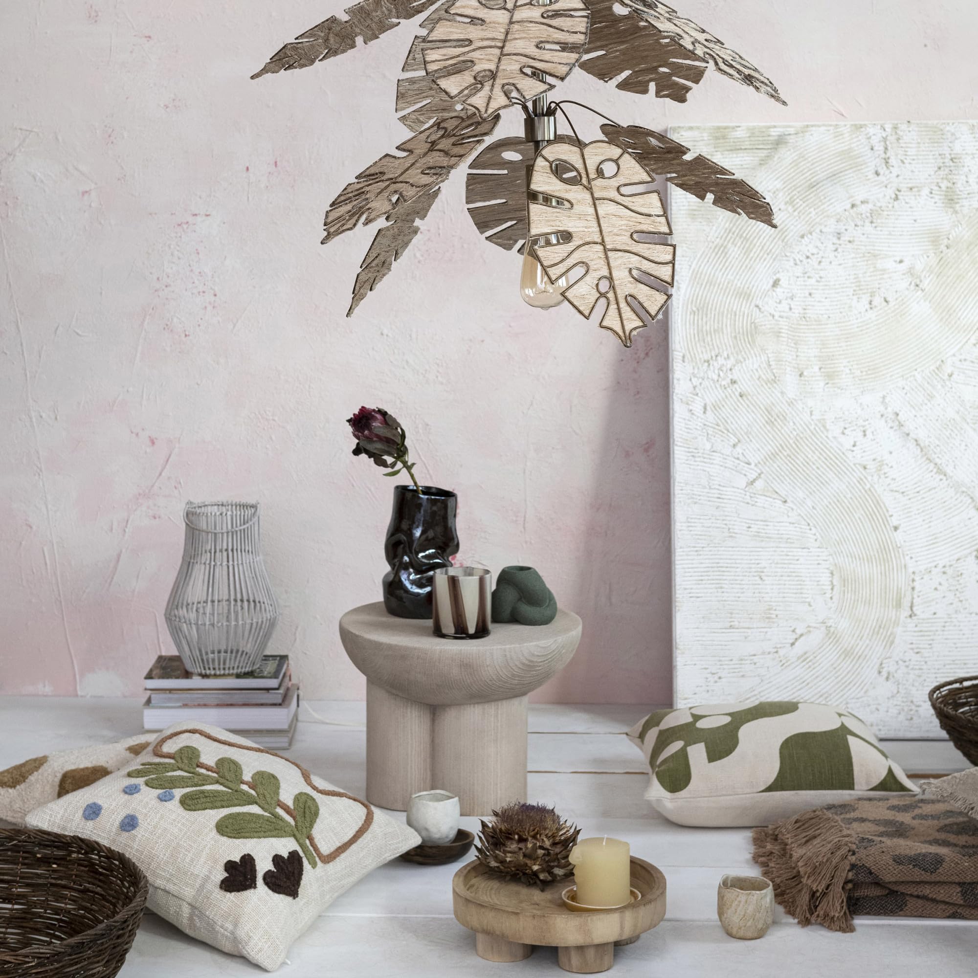 Bloomingville Round Hand-Woven Bamboo Handle and Glass Insert, Whitewashed Lantern, White - Image 3