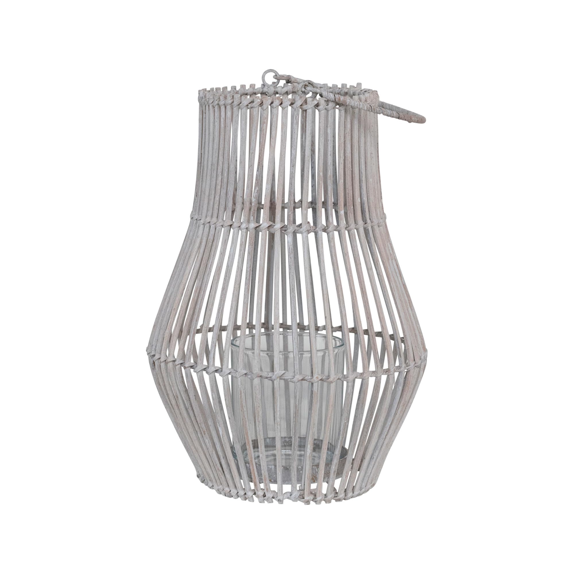Bloomingville Round Hand-Woven Bamboo Handle and Glass Insert, Whitewashed Lantern, White - Image 5