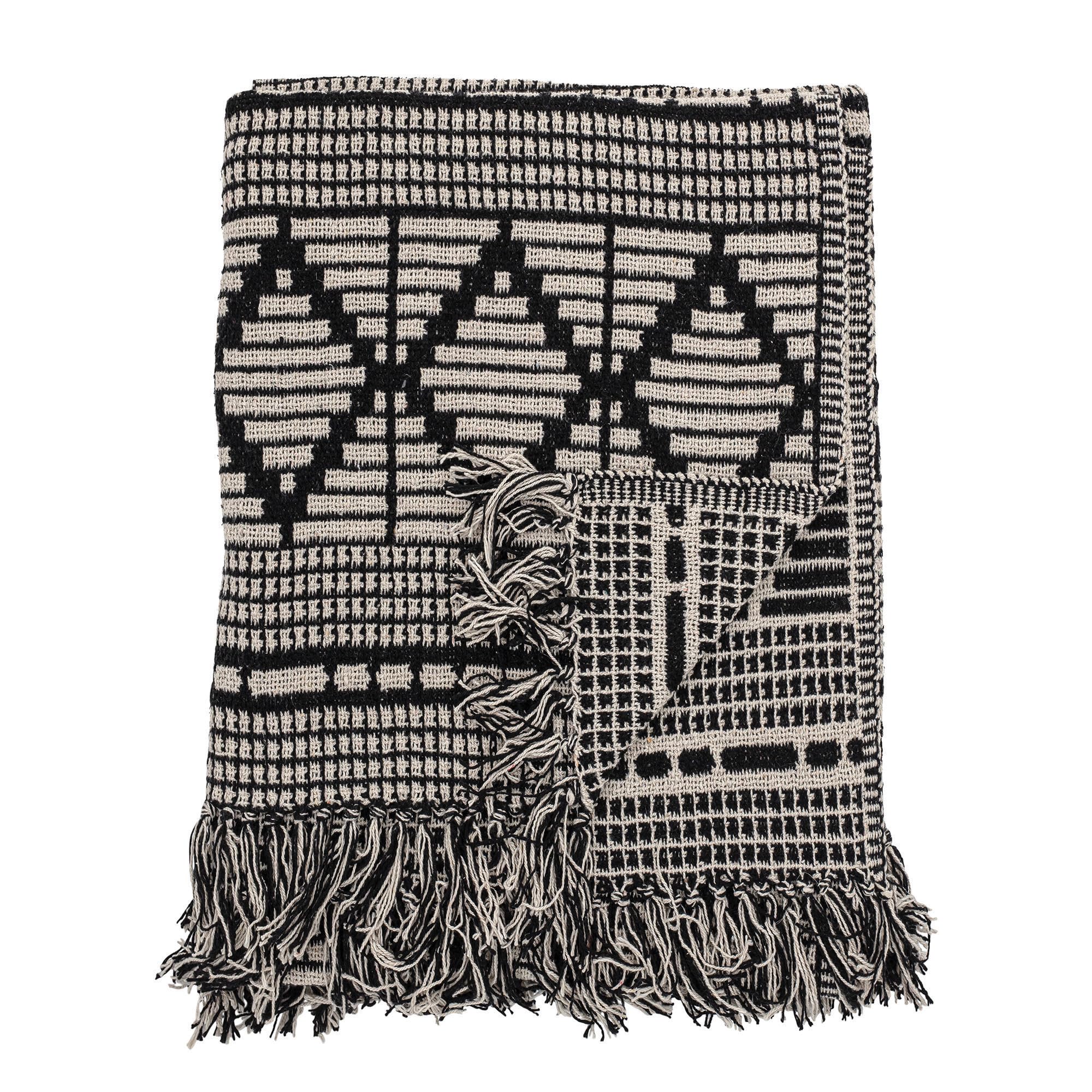 Bloomingville Soft Reclaimed Cotton Blend Throw with Diamond Pattern and Fringe, Black and Beige - Image 10