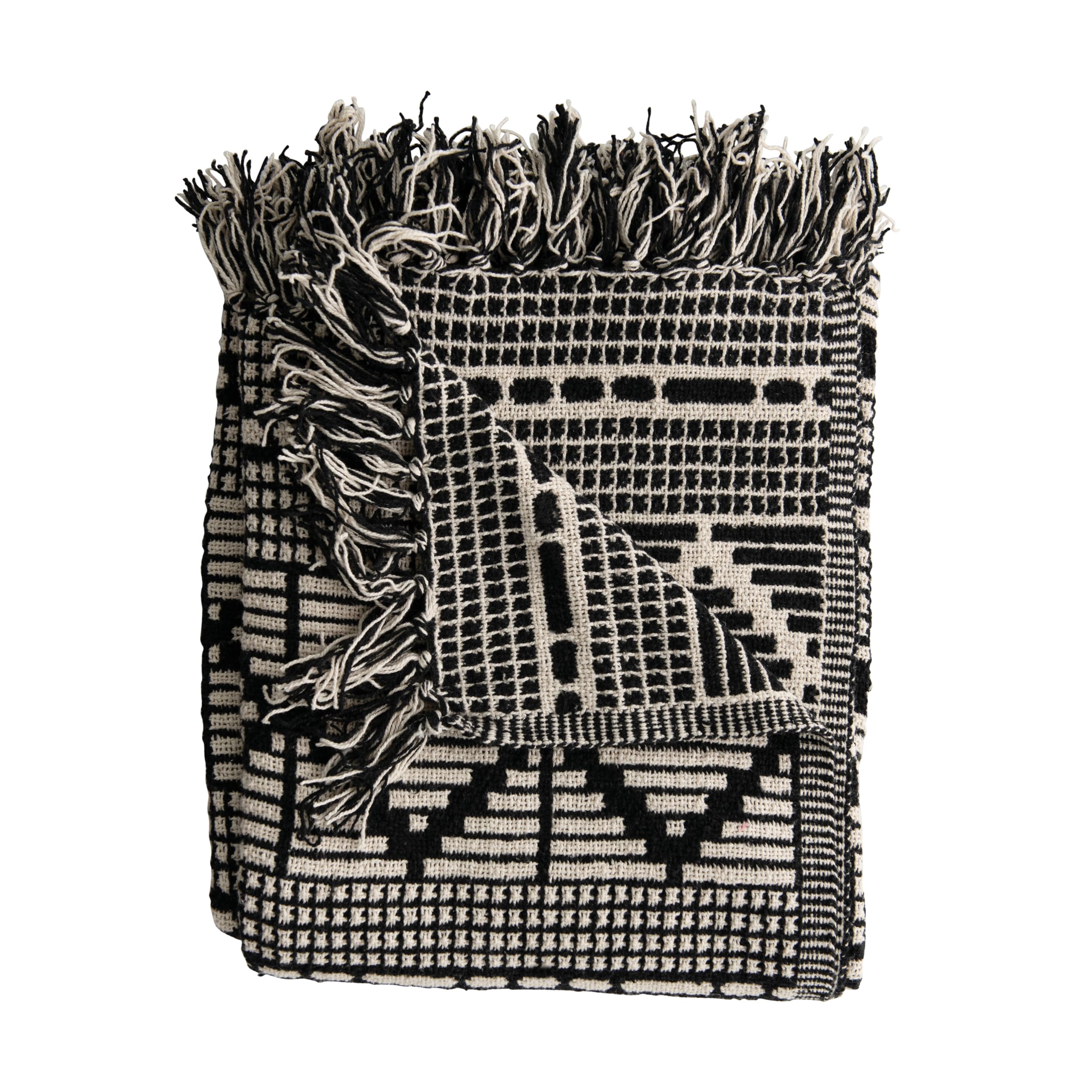 Bloomingville Soft Reclaimed Cotton Blend Throw with Diamond Pattern and Fringe, Black and Beige - Image 11