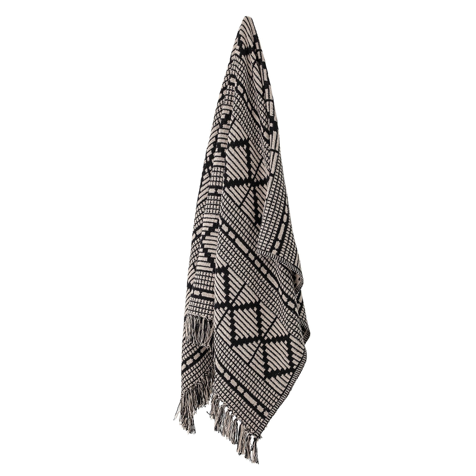 Bloomingville Soft Reclaimed Cotton Blend Throw with Diamond Pattern and Fringe, Black and Beige - Image 12