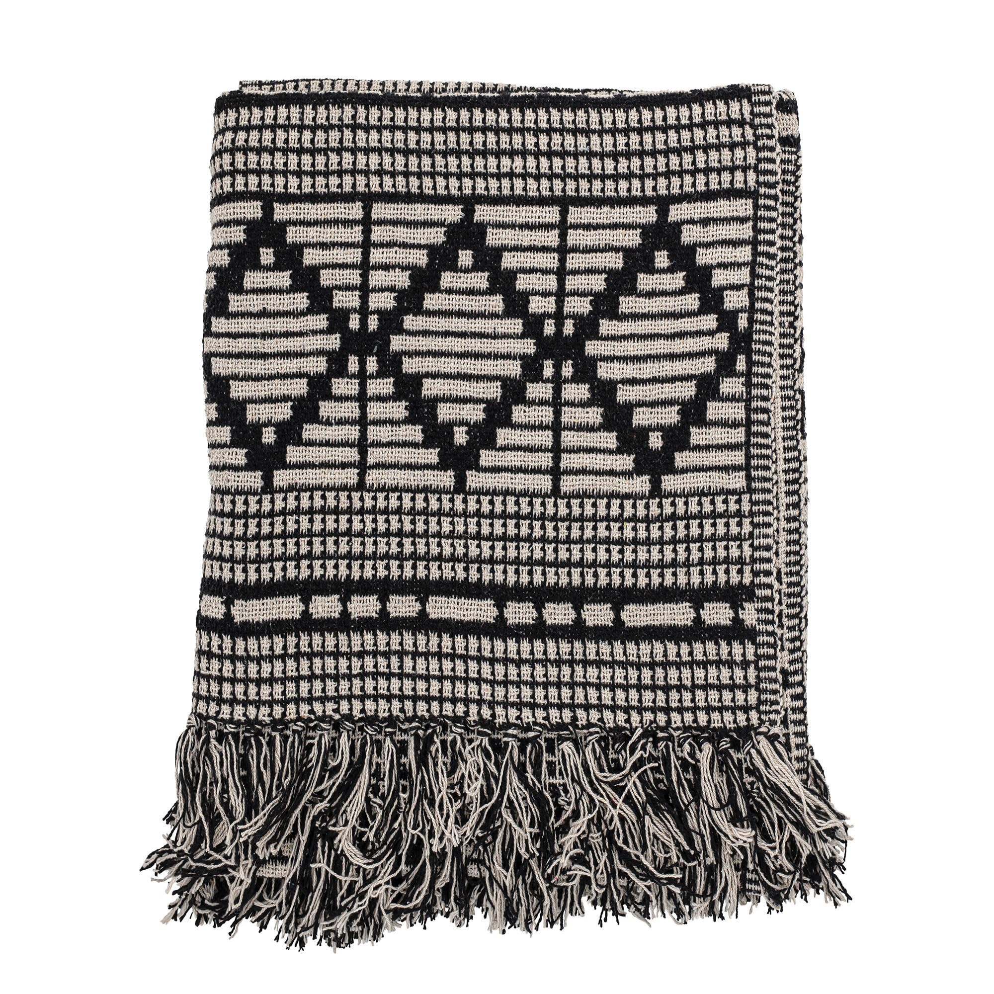 Bloomingville Soft Reclaimed Cotton Blend Throw with Diamond Pattern and Fringe, Black and Beige - Image 13