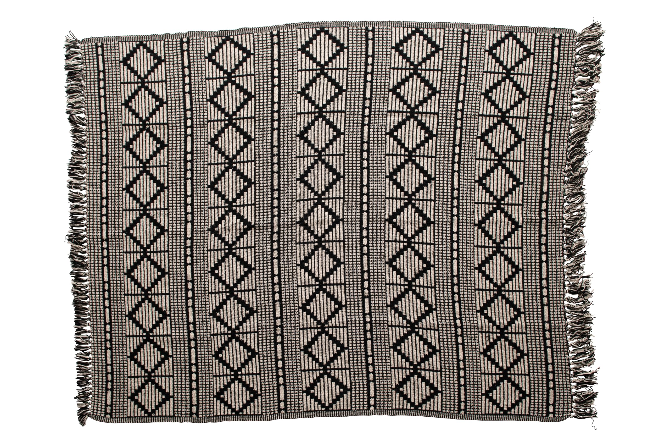 Bloomingville Soft Reclaimed Cotton Blend Throw with Diamond Pattern and Fringe, Black and Beige - Image 6