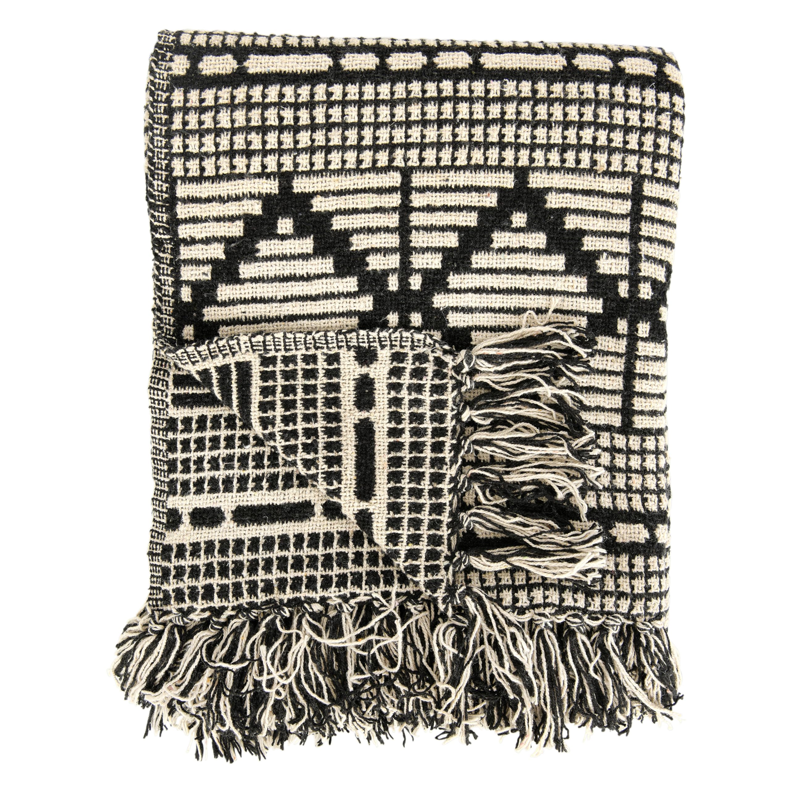 Bloomingville Soft Reclaimed Cotton Blend Throw with Diamond Pattern and Fringe, Black and Beige - Image 7